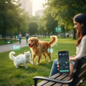 Dog and cat playing in a park while owner checks pet health and activity stats on smartphone using wearable tech.