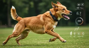 Active dog running outdoors wearing a pet fitness tracker collar showing daily steps and calories burned.