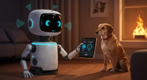 AI robot detecting dog’s emotions using sensors and adjusting behavior for emotional companionship.