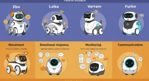 Comparison infographic of AI pet robots like Ebo, Laika, Varram, and Furbo highlighting features and benefits.