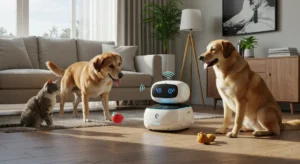 Futuristic AI pet robots with emotion sensors and health monitoring features interacting with pets in a smart home.
