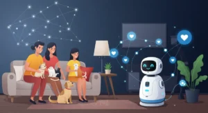 Family interacting with AI pet robot and voice assistant alongside their dog and cat in a connected smart home.