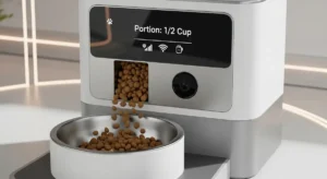 Wi-Fi smart pet feeder with digital control and food dispenser – Pet Tech device.