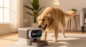 Automatic dog feeder dispensing meal on schedule – Pet Tech feeding system.