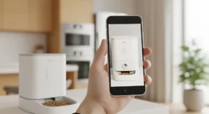 Wi-Fi pet feeder with live camera and mobile app control – Pet Tech automation.