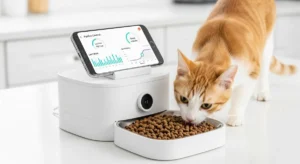 Smart feeder tracking pet food portions on mobile app – Pet Tech health benefits.
