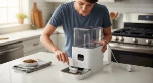 Pet owner cleaning smart pet feeder safely – Pet Tech feeding maintenance.