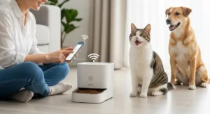 Pet owner using smartphone to control smart pet feeder – Pet Tech smart feeding system.