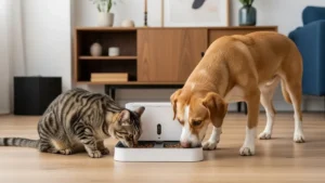 Dog and cat eating from a smart automatic feeder
