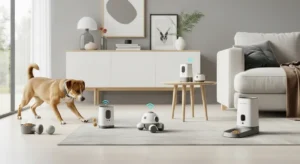 Smart Pet Tech devices for dog training and enrichment in a modern home.