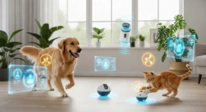 Smart pet robot like Ebo playing with a cat and dog using sensors and interactive movements.