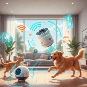 Smart pet robot like Ebo playing with a cat and dog using sensors and interactive movements.