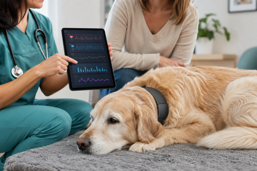Senior dog wearing a health-monitoring collar while a veterinarian reviews wellness trends