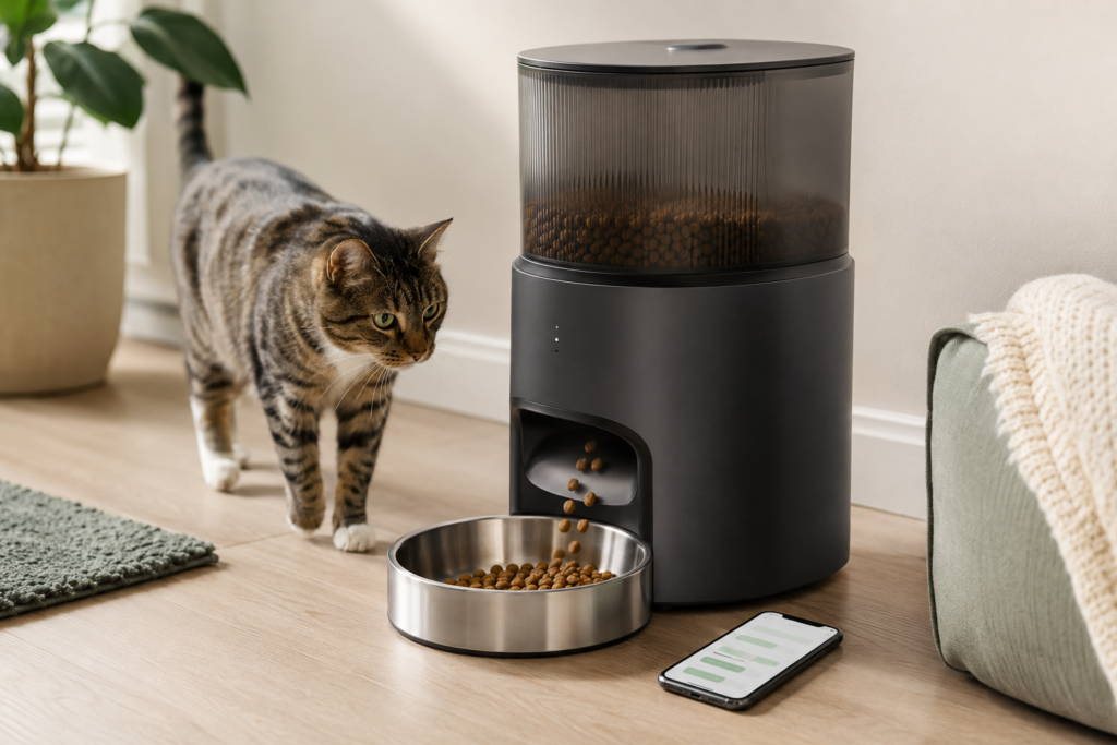 Cat approaching an app-controlled automatic dry-food feeder