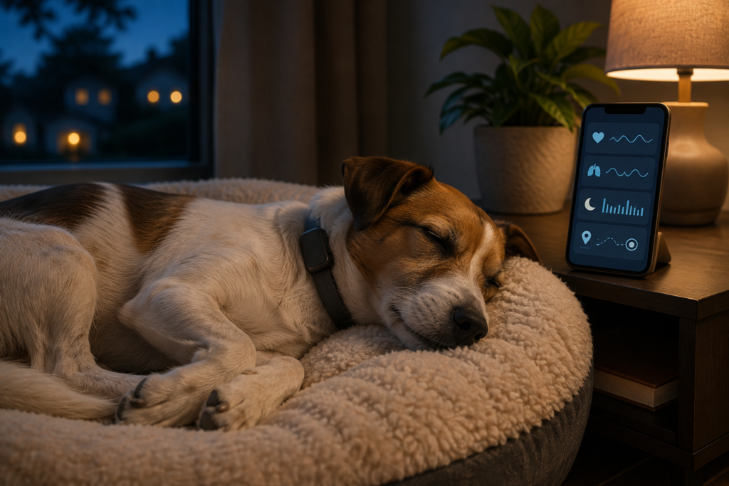 Sleeping dog wearing a compact health tracker beside a phone showing heart, breathing and sleep trends