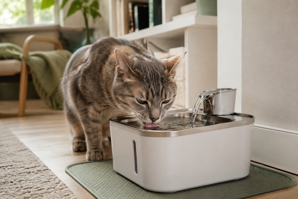 Cat drinking from a shallow stainless steel smart water fountain