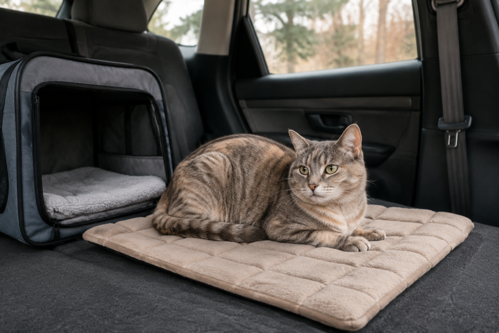Cat resting on a non-electric self-warming pet mat during a travel stop