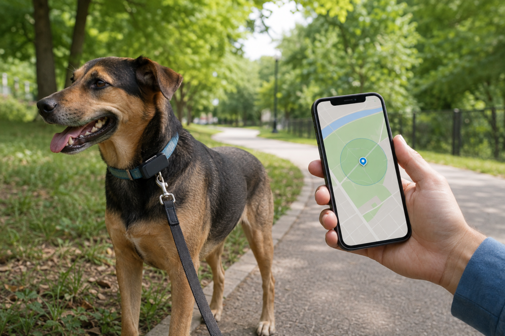 Leashed dog wearing a cellular GPS tracker while its location is checked on a smartphone