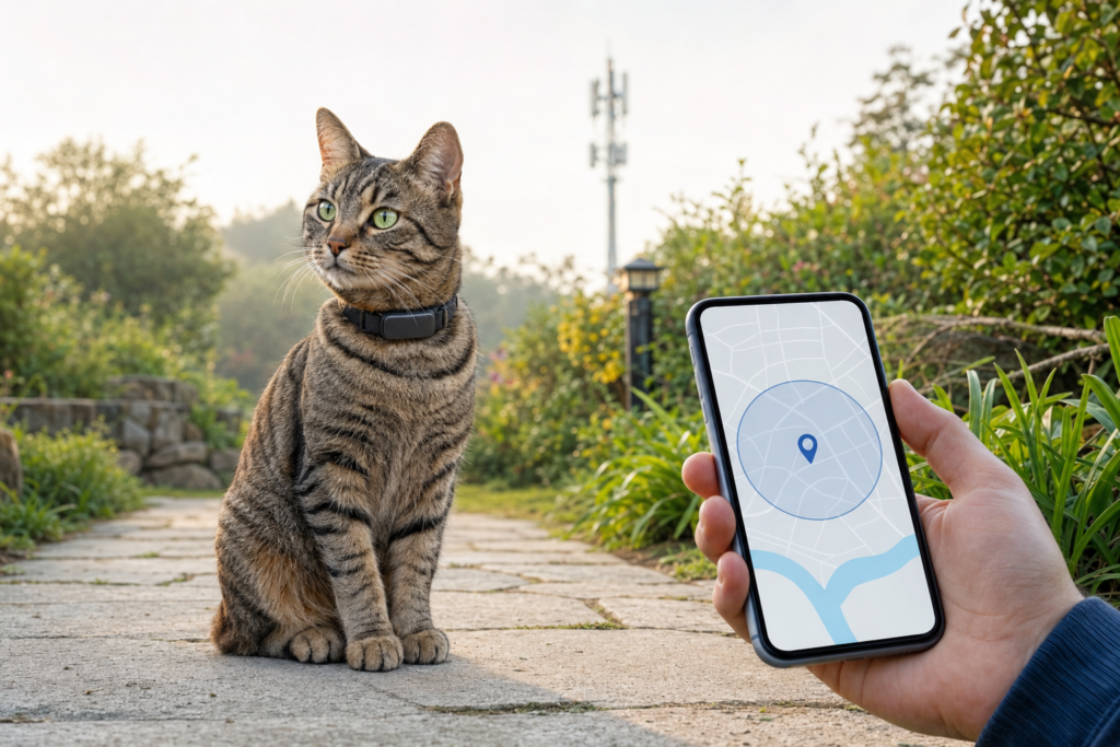 Cat wearing a cellular GPS tracker beside a smartphone location map