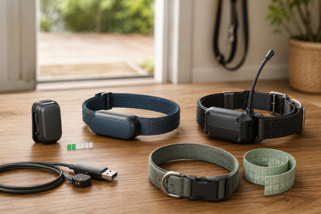 Generic dog GPS trackers, collars, measuring tape and charging cable arranged for setup