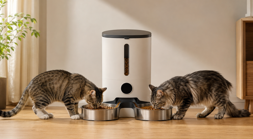  Two cats eating from a dual-bowl automatic dry-food feeder