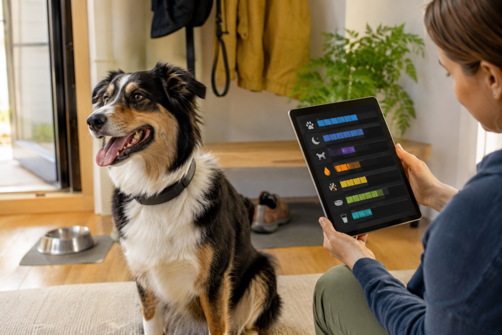 Dog wearing an integrated smart collar while its activity and behaviour patterns are reviewed on a tablet