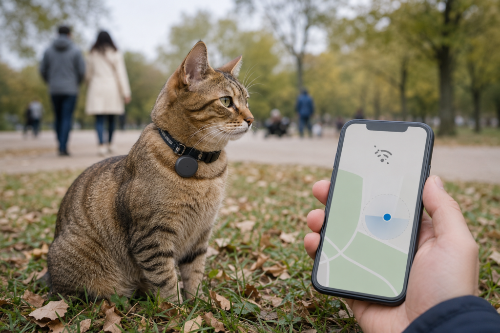 Cat wearing a round Bluetooth item tracker while an owner checks an approximate location