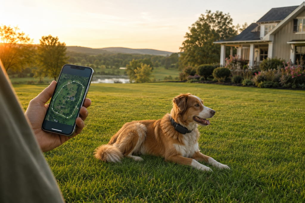 Dog wearing a GPS containment collar while an owner reviews a property boundary on a smartphone