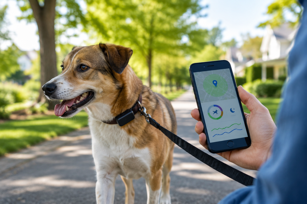 Leashed dog wearing a GPS wellness tracker while an owner checks location and activity information