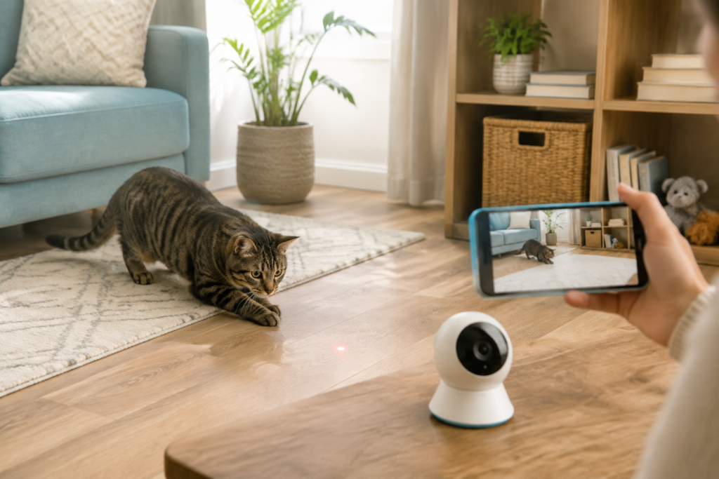 Cat following a laser dot from an interactive pet camera