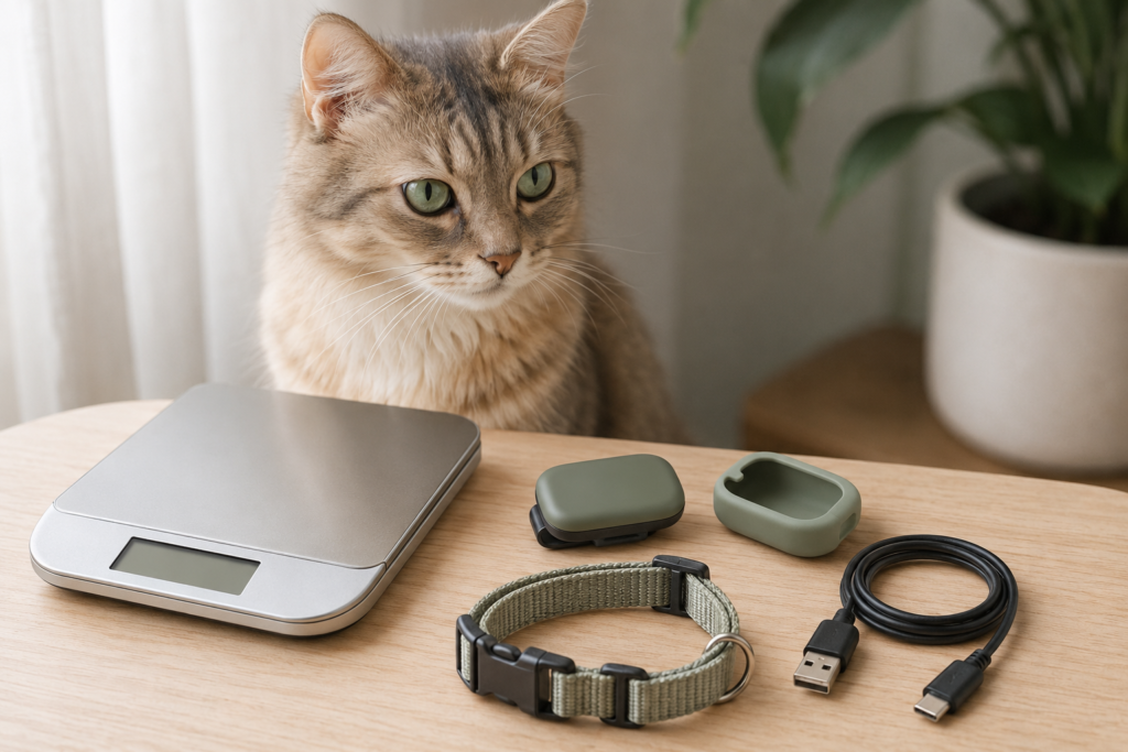 Lightweight cat GPS tracker with quick-release collar, holder and charging cable