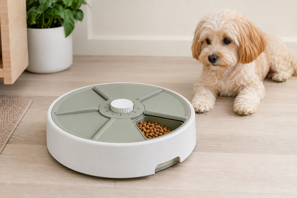 Dog beside a five-compartment automatic tray feeder