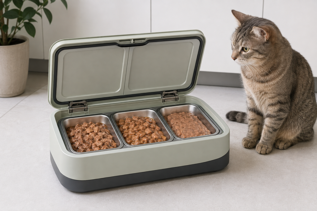 Cat beside a cooled automatic feeder with three wet-food trays