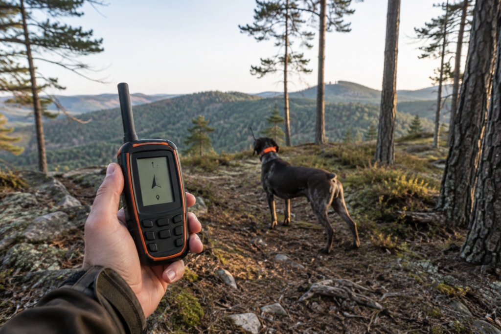 Working dog wearing a radio GPS collar while a handler uses a handheld receiver in woodland