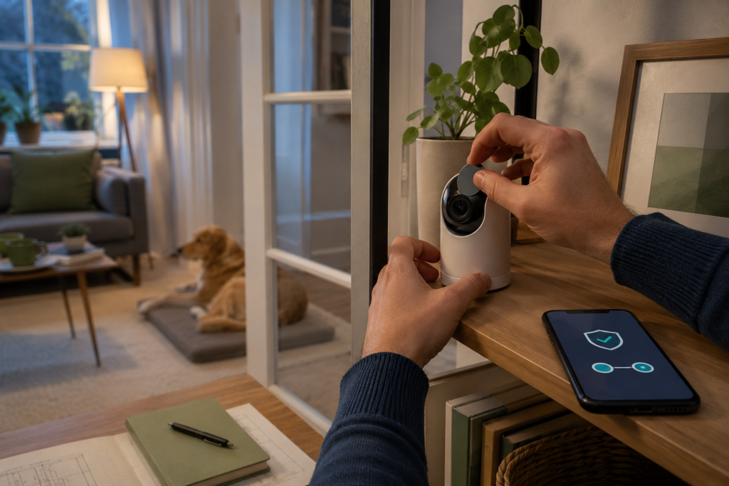 Owner closing a privacy cover on an indoor pet camera