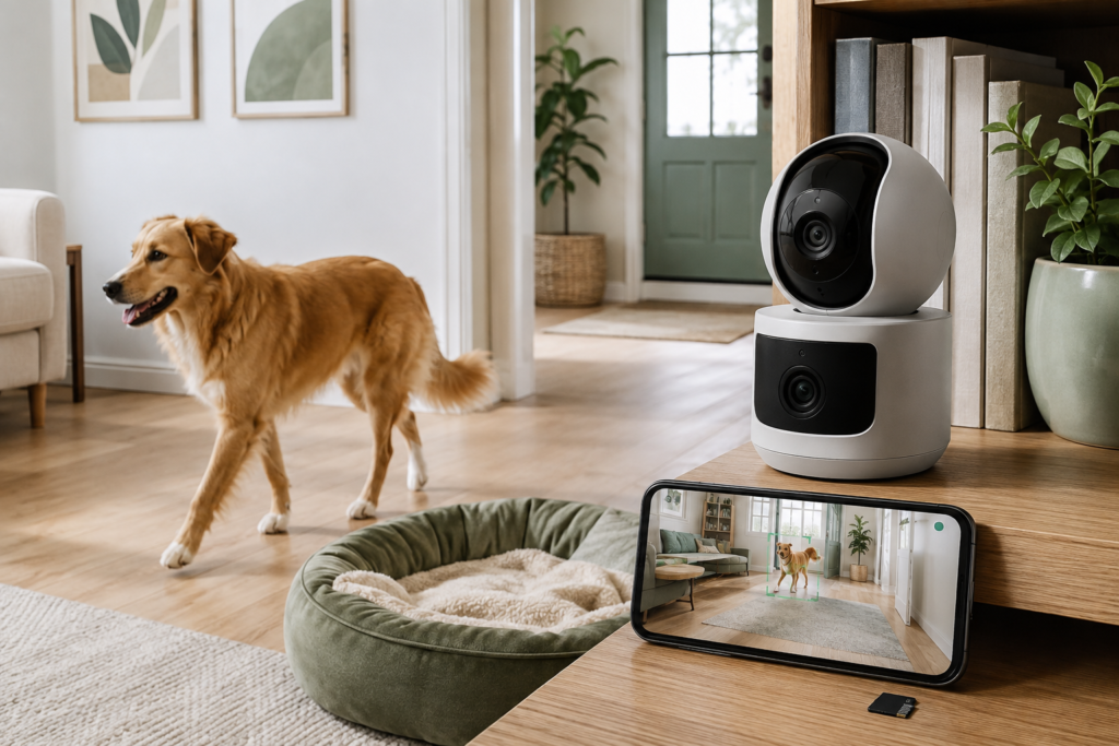 Indoor pet camera tracking a dog with local microSD recording
