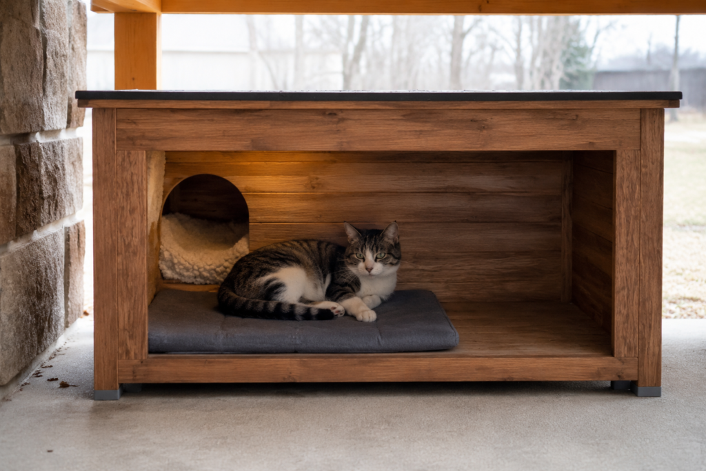 Cat resting on a pet heating pad inside a sheltered outdoor cat house