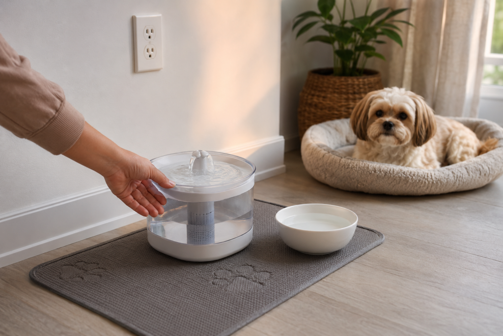 Safe smart pet water fountain setup with a backup water bowl