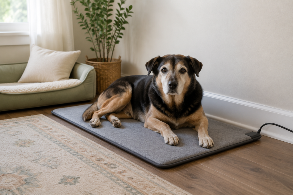 Senior dog resting on an indoor heated pet mat with space to move away
