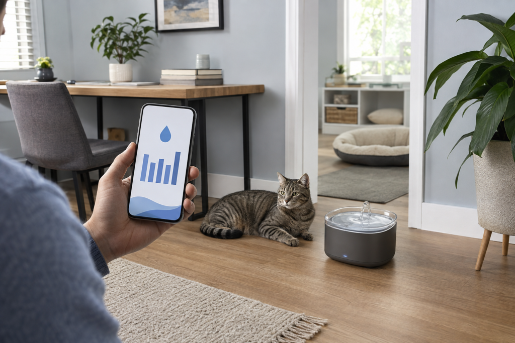 Owner checking smart pet water fountain hydration data on a phone