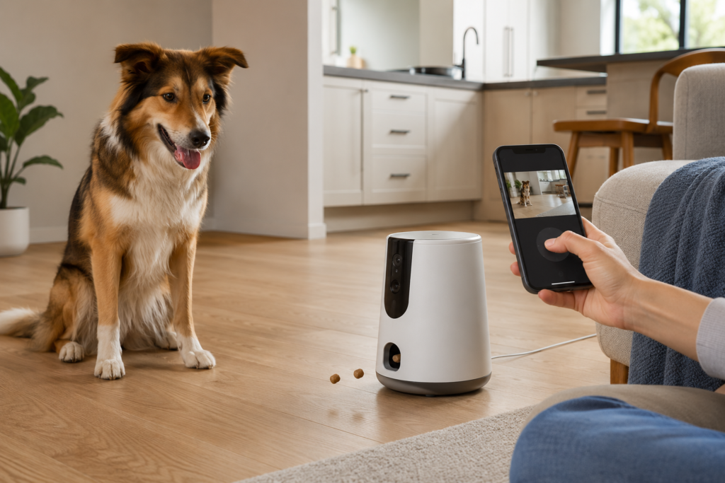 Dog receiving a small reward from a treat-dispensing pet camera