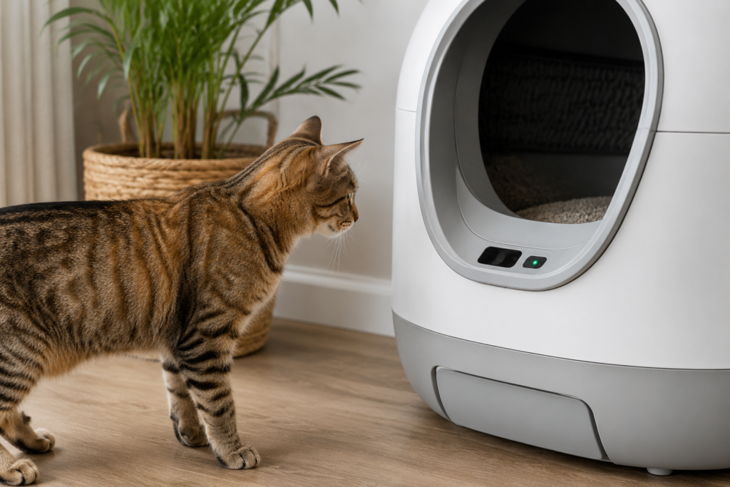 Cat approaching automatic litter box safety sensors