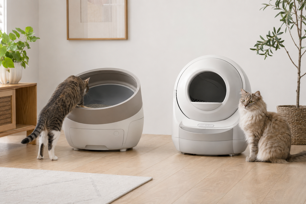 Open-top and enclosed automatic litter boxes for cats