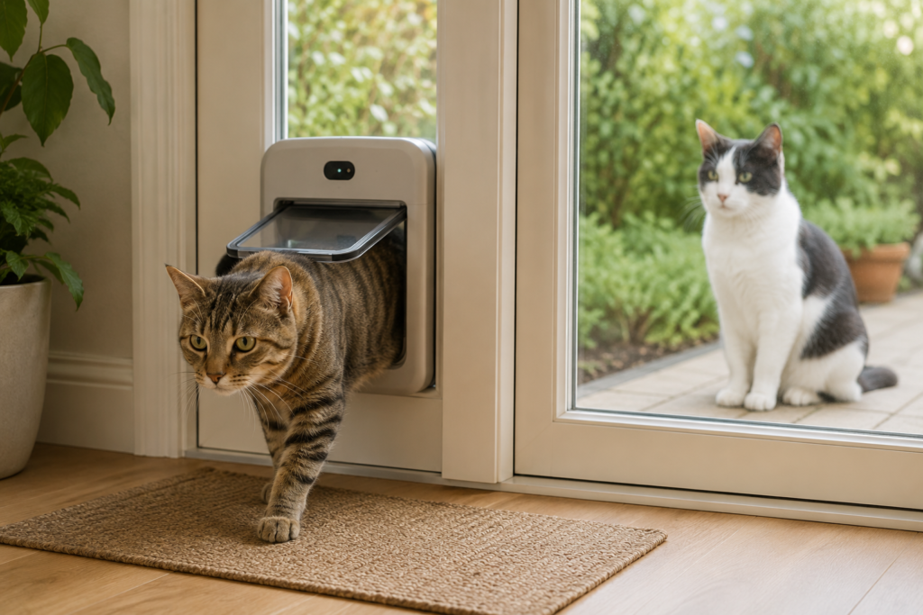 Microchip cat door allowing an authorized cat to enter