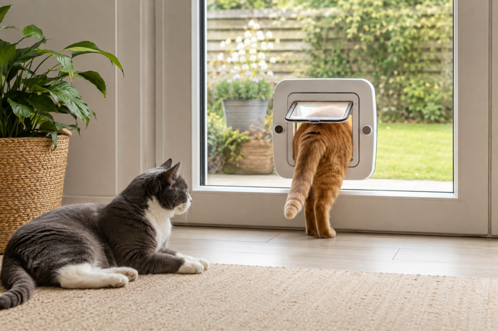 Microchip cat door controlling individual cat exit permissions