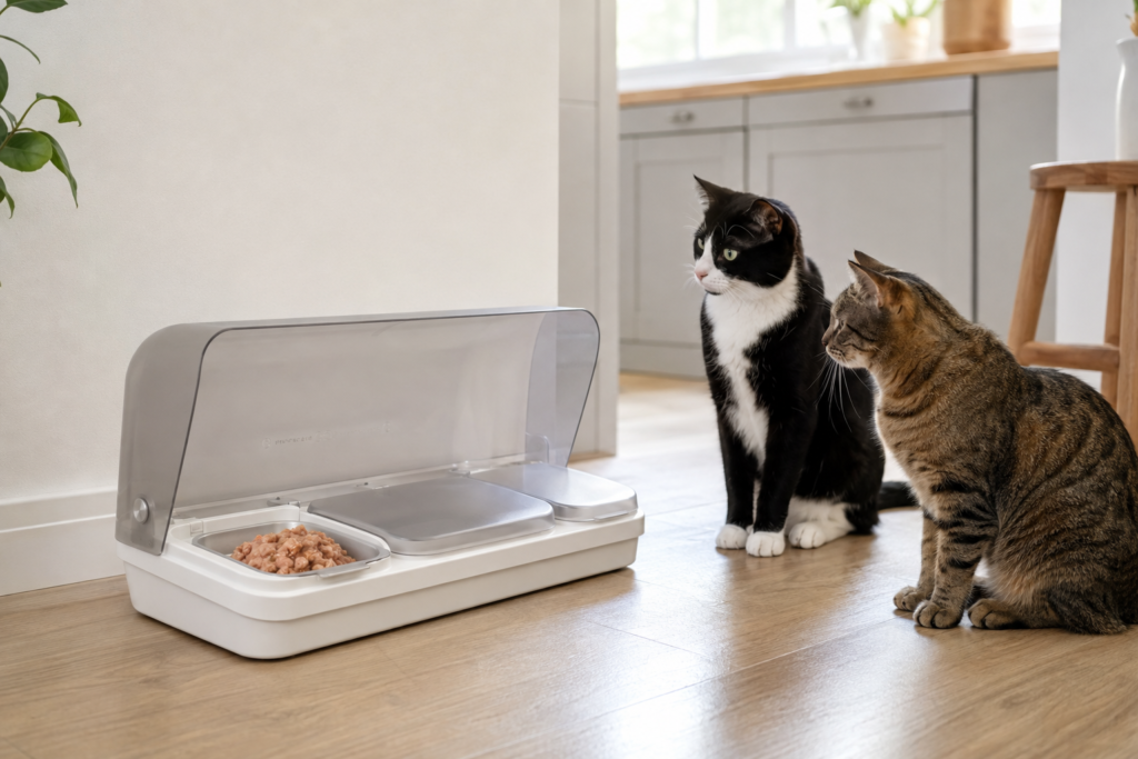Two cats waiting beside a covered automatic wet-food feeder