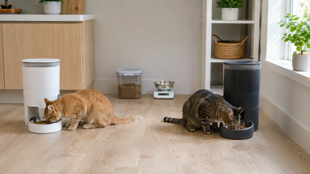 Two cats eating from automatic feeders positioned separately in a home
