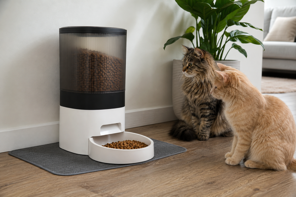 Two cats waiting beside a large-capacity automatic dry-food feeder