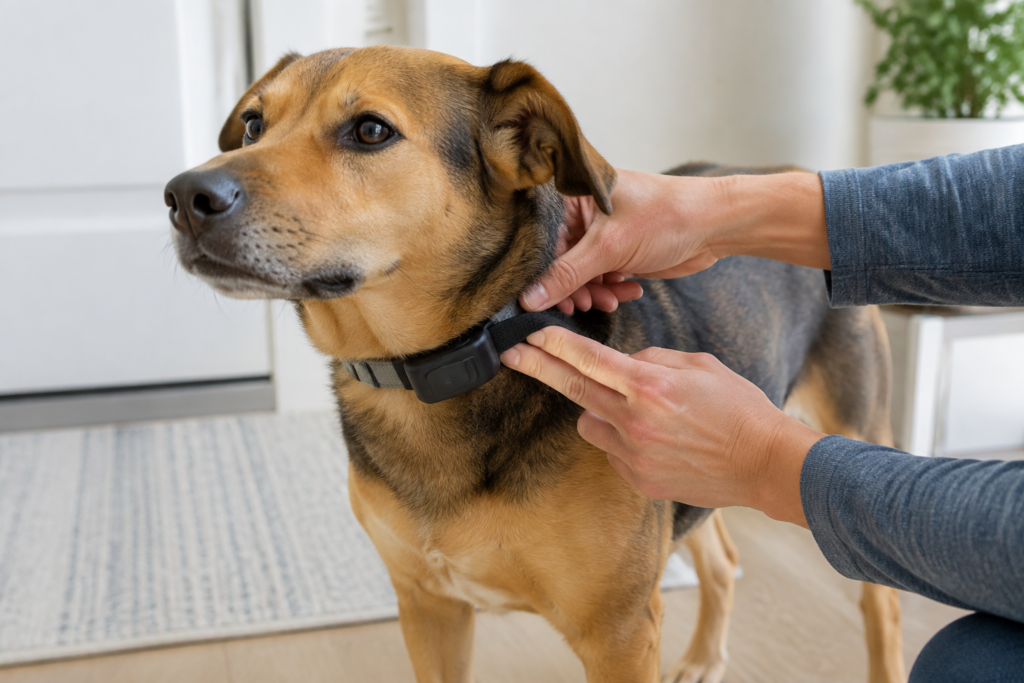 Owner checking the fit of a remote dog training collar