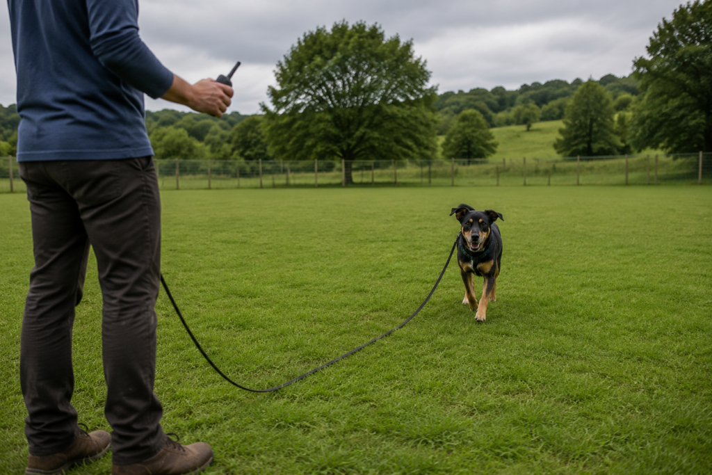 Supervised recall training with a remote dog trainer and long line